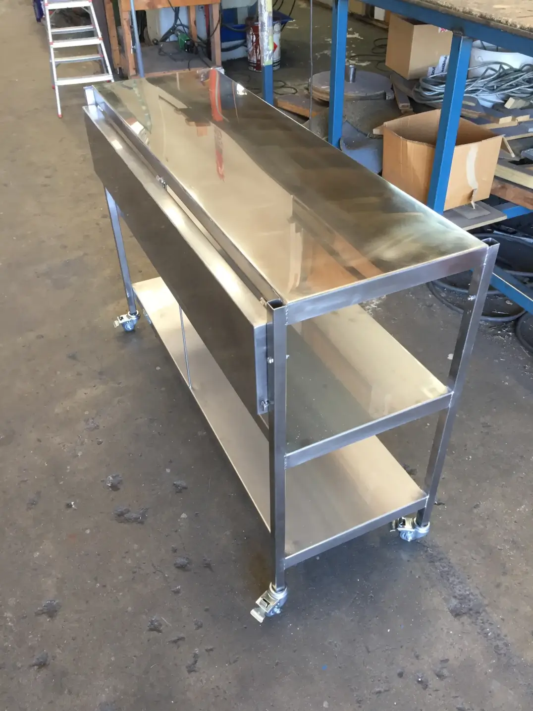 Custom stainless steel commercial kitchen bench on wheels