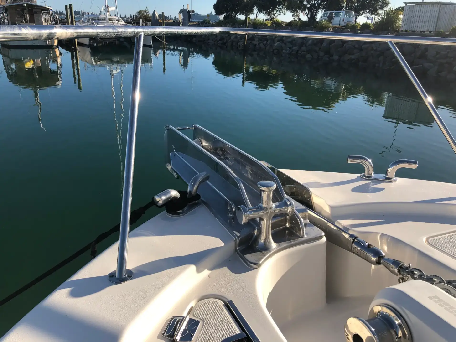 Stainless steel boat anchor roller on bow deck