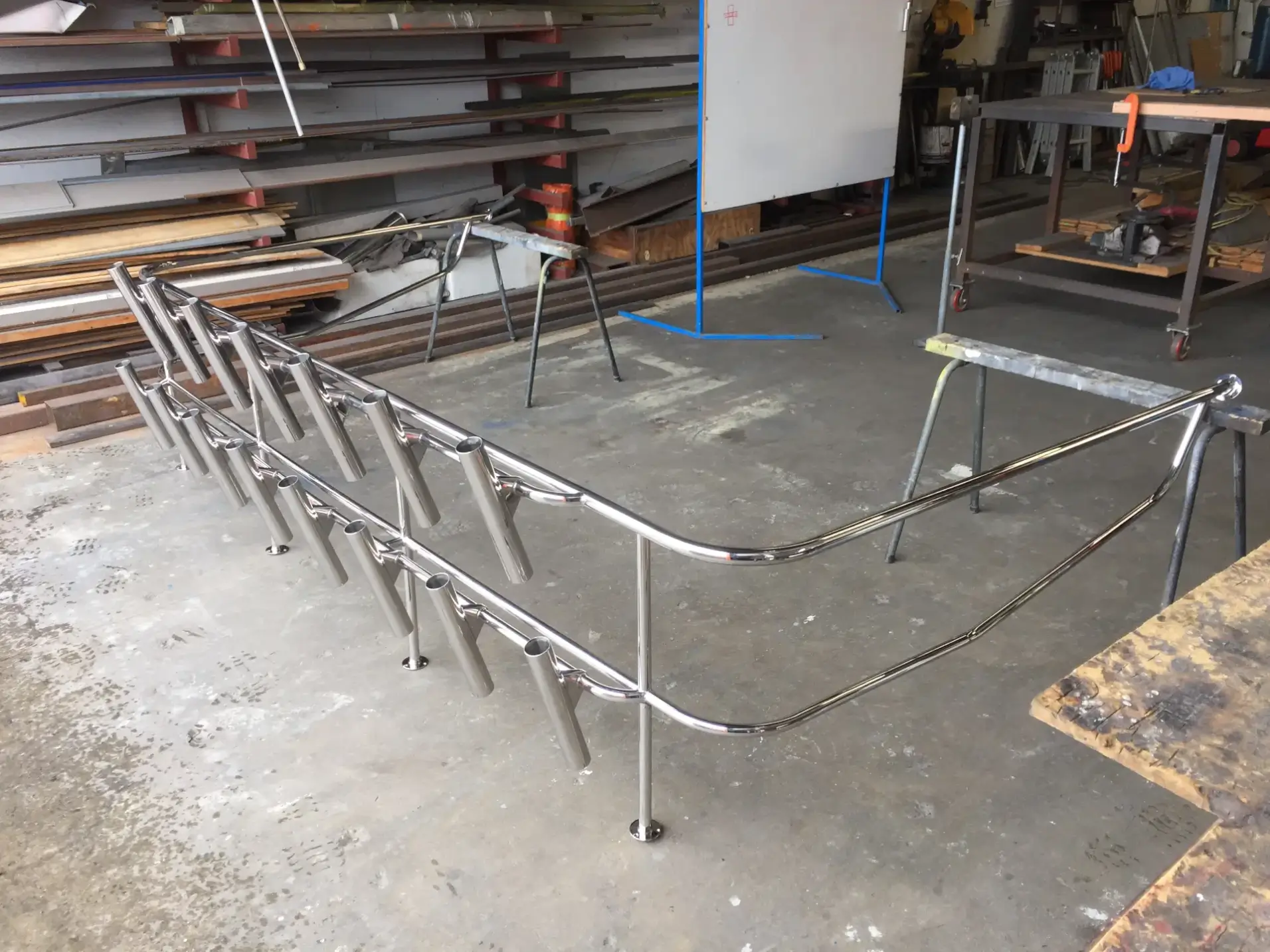 Polished stainless steel balustrade assembly in workshop